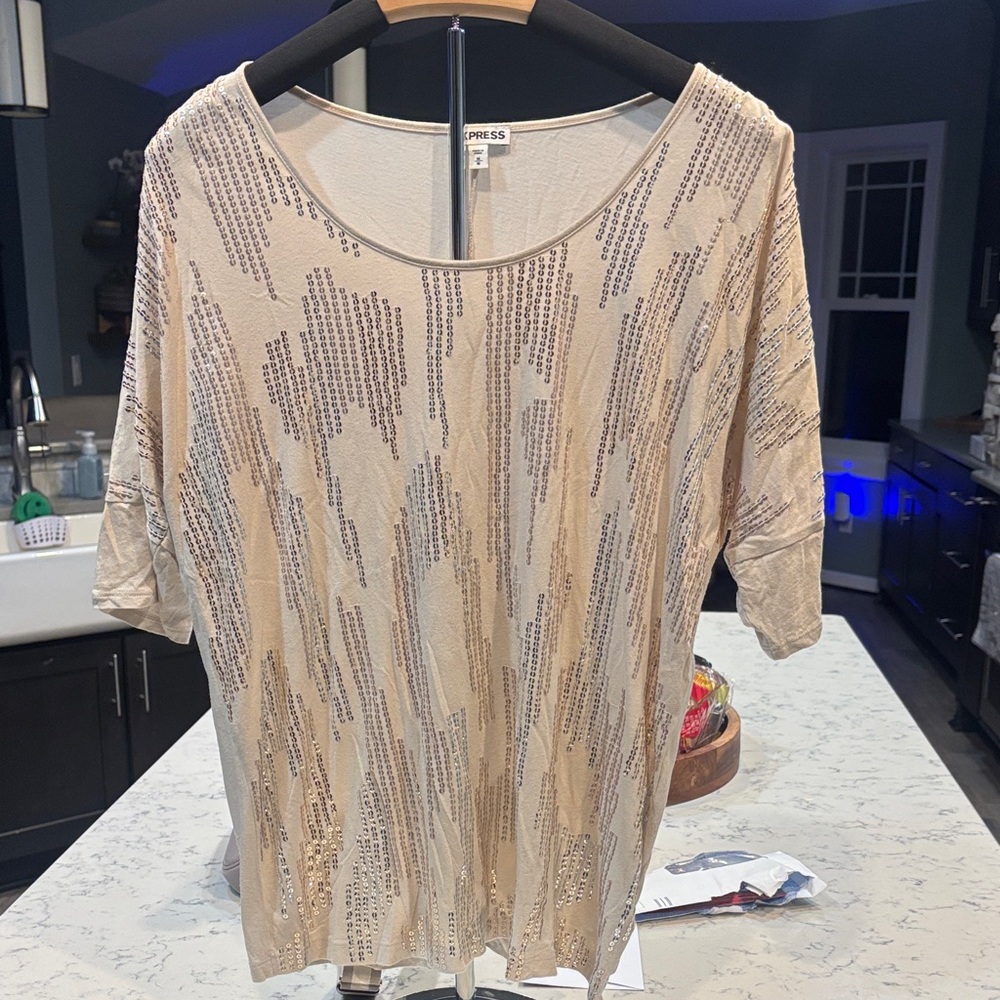 Express Beige and Silver Sequin Short Sleeve Top